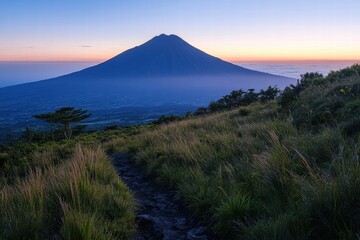 The shadow of the mountain peak on the horizon, the morning light casts soft shadows across the land.