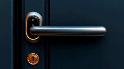 Obraz premium Close-up view of a modern door handle and lock against a dark background, emphasizing design details