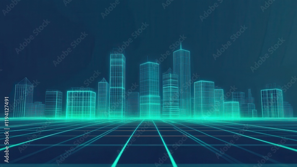 Aufkleber a futuristic city skyline represented in a digital wireframe style, featuring glowing lines and a gr