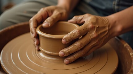 Close-Up of Hands Shaping Clay on a Spinning Pottery Wheel
