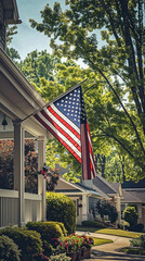 Suburban Neighborhood Scene with American Flags on Cozy Front Porches