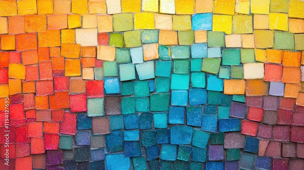 Poster an abstract mosaic combines a spectrum of vibrant colors with glittering squares, creating an eye-ca
