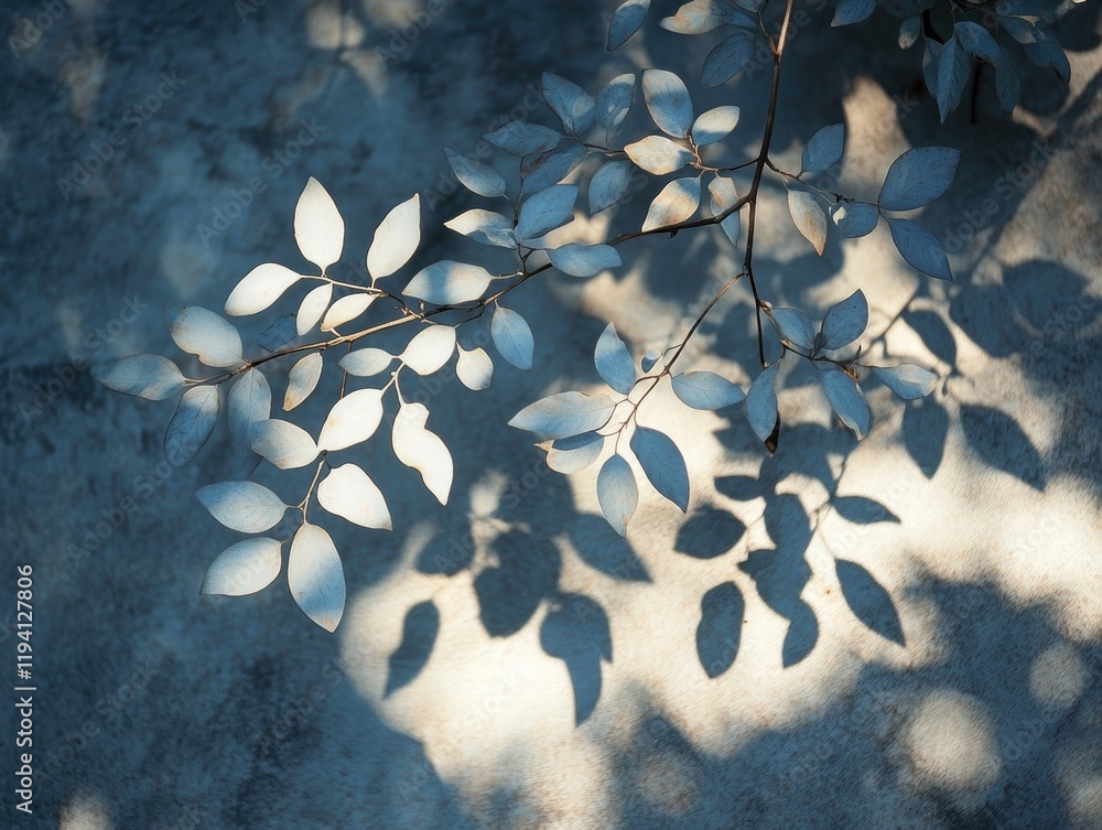 Poster the shadow of a plant on the ground, with soft sunlight casting intricate patterns through the leave