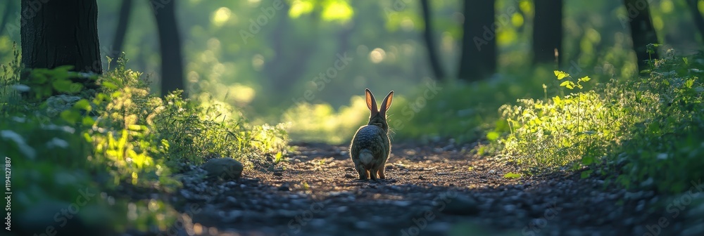Poster the shadow of a rabbit hopping along a forest trail, with soft light filtering through the trees.