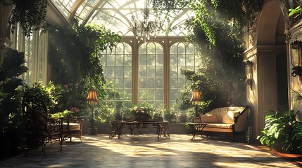 Obraz premium A classic indoor conservatory with intricate iron furniture, trailing vines cascading from the ceiling, antique accents like vintage lanterns, and sunlight filtering through large glass windows,