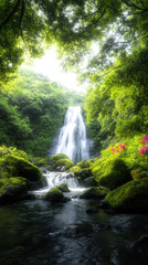 Obraz premium serene waterfall cascading through lush jungle landscape