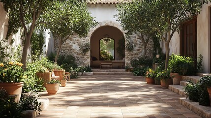 A classic Mediterranean courtyard with terracotta tile flooring, lush olive trees, rustic stone walls, and warm light filtering through an arched window, tranquil and picturesque, cinematic depth,