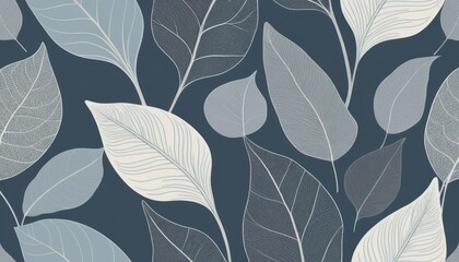 Fototapeta premium Elegant Skeleton Leaves Seamless Pattern, Botanical Dark Blue Background Illustration
