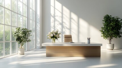 A clean, white office space with minimalist furniture, featuring small floral arrangements on a sleek wooden desk, large windows flooding the room with natural light, soft shadows,