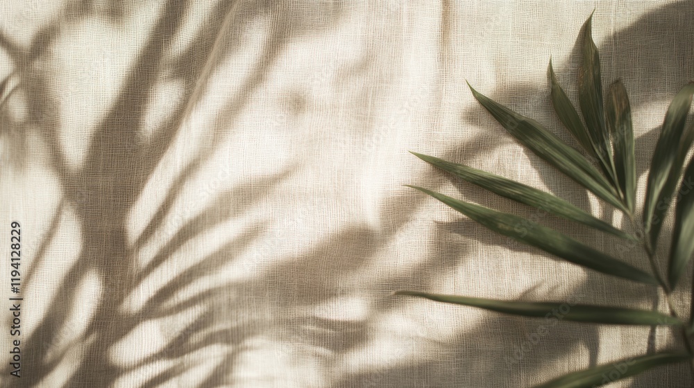 Poster beige fabric serves as a backdrop, showcasing intricate palm leaf shadows that create a play of ligh