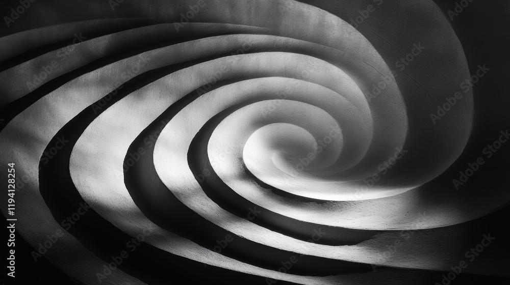Poster the shadow of a spiral cast on a smooth surface, creating an abstract, hypnotic effect with soft lig