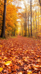 vibrant autumn forest path lined with colorful leaves