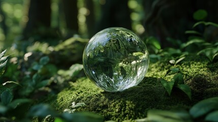 A crystal globe resting on green moss in a lush forest, symbolizing the protection and care of nature, representing the commitment to sustainable practices, environmental ecology, and Earth Day, while
