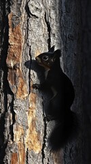 The shadow of a squirrel climbing a tree, its small form cast against the rough bark as it moves.