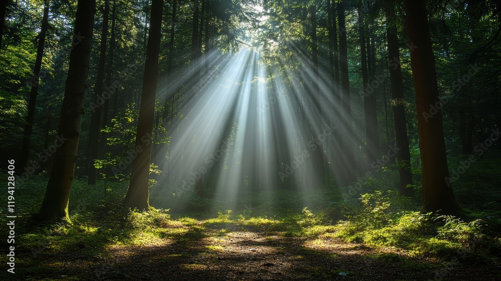 Poster the shadow of a tall tree cast across a forest floor, with soft sunlight filtering through the dense