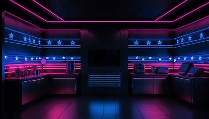 Fototapeta premium Neon Lit Retro Kitchen with Star Decor