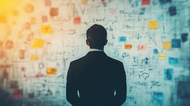 Professional in formal attire examines various strategy concepts and notes on a whiteboard, engaged in collaborative planning