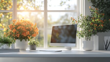 A contemporary minimalist workspace with a clean white table, subtle floral arrangements in modern planters, simple furnishings, and a sunlit backdrop of a large window with a scenic view,