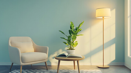 A relaxing blue-walled room with modern furniture and decor with copy space, 3d rendering