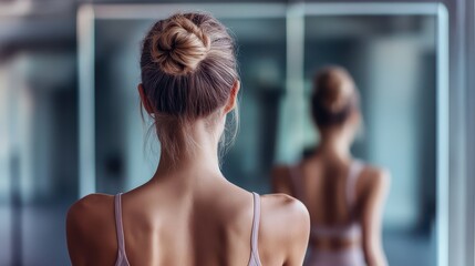 Professional ballerina in a studio, back view, adjusting her posture before a mirror, grace and dedication