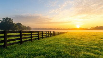 Fototapeta premium foggy meadow at sunrise with wooden fence and lush grass