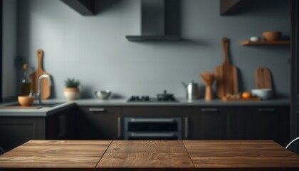 A dark mood interior featuring a wooden table with ample free space for decoration, set against a softly blurred kitchen background