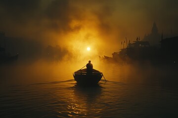 The silhouette of a fishing boat drifting through foggy waters, the shadow of the boat and fisherman stretching across the still lake.