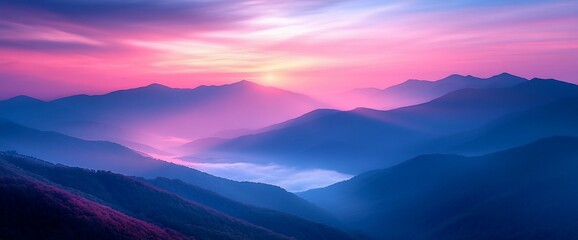 Serene sunrise over misty mountain range, vibrant pink and blue hues.