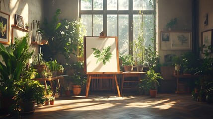 A creative botanical studio filled with potted plants and botanical artwork, featuring natural wooden furniture, a large drafting table, and soft sunlight streaming through tall windows,