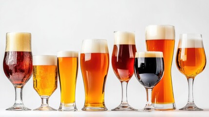 A Varied Collection of Beer Glasses Filled with Different Types of Beer Including Lager, Porter, Ale, Stout, and IPA on a Light Background