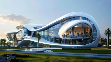 Obraz premium A futuristic building design with glass and metal elements.