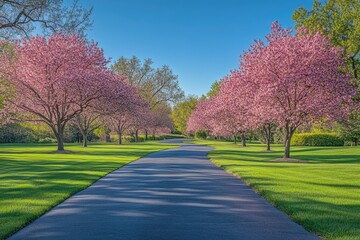 Naklejka premium Winding road through blooming cherry trees in spring park