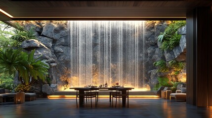 A dining area with a cascading indoor waterfall integrated into a stone wall, tropical plants surrounding the space, modern furniture with a rustic touch,