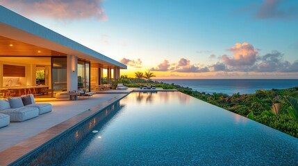 Fototapeta premium Modern luxury villa with infinity pool overlooking tropical ocean at sunset