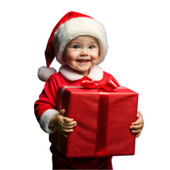 cute little boy in senta's dress holding red gift box with cute smile on white  background
