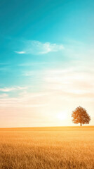 Fototapeta premium golden prairie under vast blue sky with lone tree