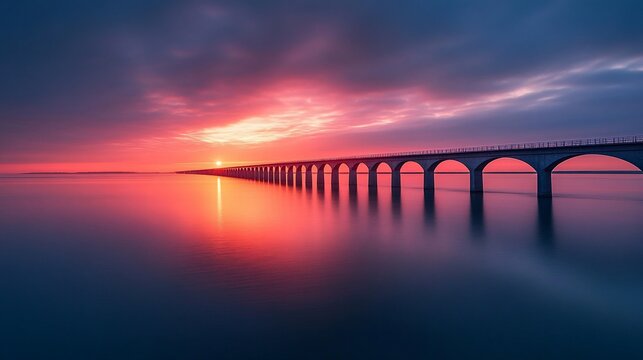 Serene sunset over long arched bridge extending into calm water.