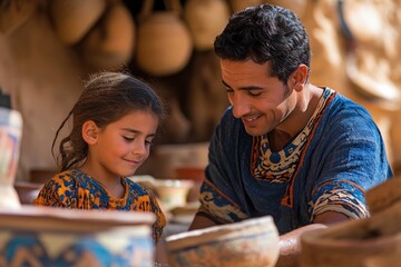 Potter teaching daughter traditional pottery techniques in workshop