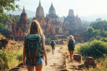 Tourists walking towards ancient temples in bagan, myanmar