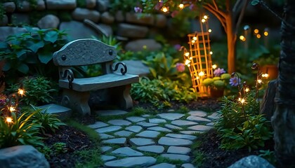 Serene Garden Bench With Stone Path And Lights
