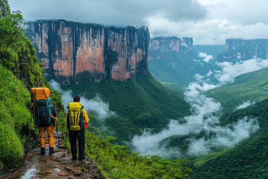 Hikers trekking in the breathtaking landscape of mount roraima, venezuela