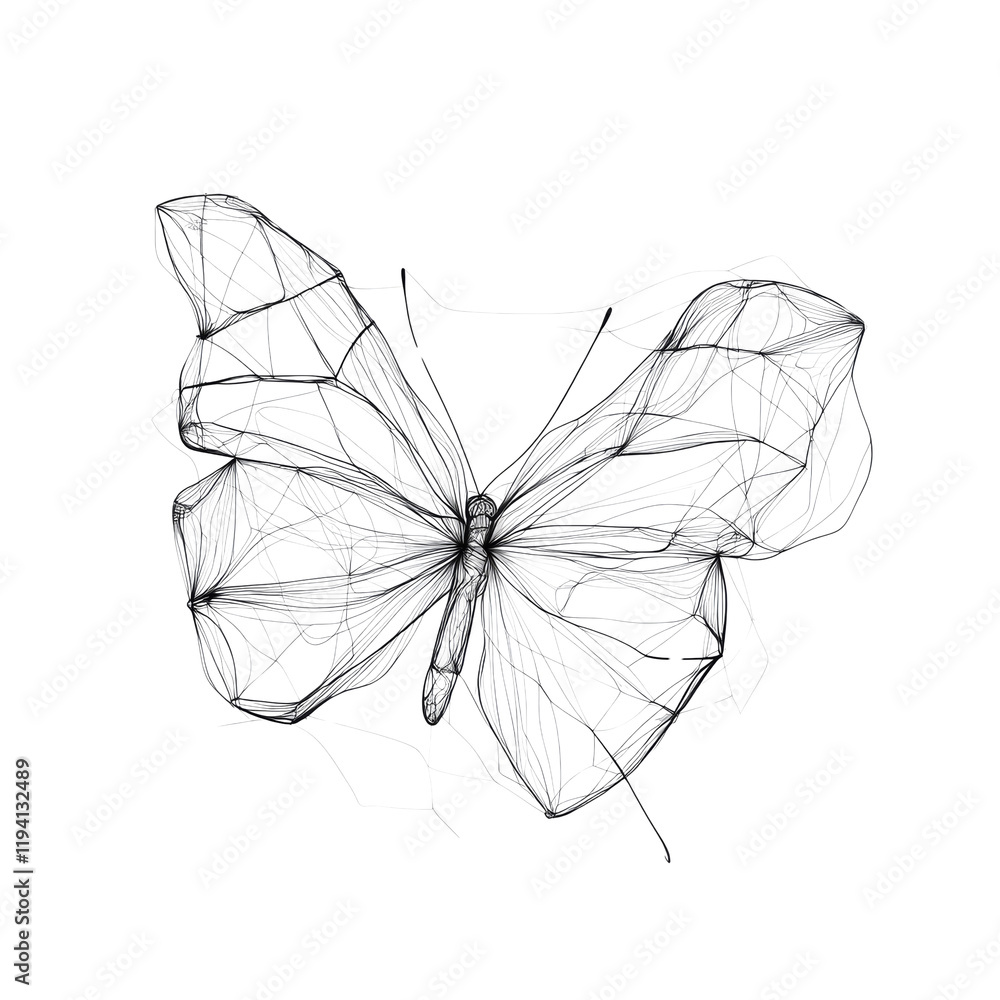 Aufkleber An abstract artistic rendering of a butterfly seemingly trapped within a web-like structure, depicted in monochrome line art.