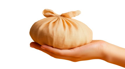 hand gently holding a tied beige fabric bundle, isolated on a white background. The textured cloth is neatly wrapped and knotted at the top, suggesting a natural or traditional packaging style