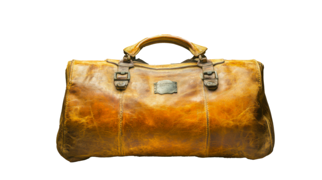A well-worn, brown leather travel bag, with visible signs of wear and tear, is isolated on a transparent background. The vintage-style bag features straps, buckles. - Powered by Adobe