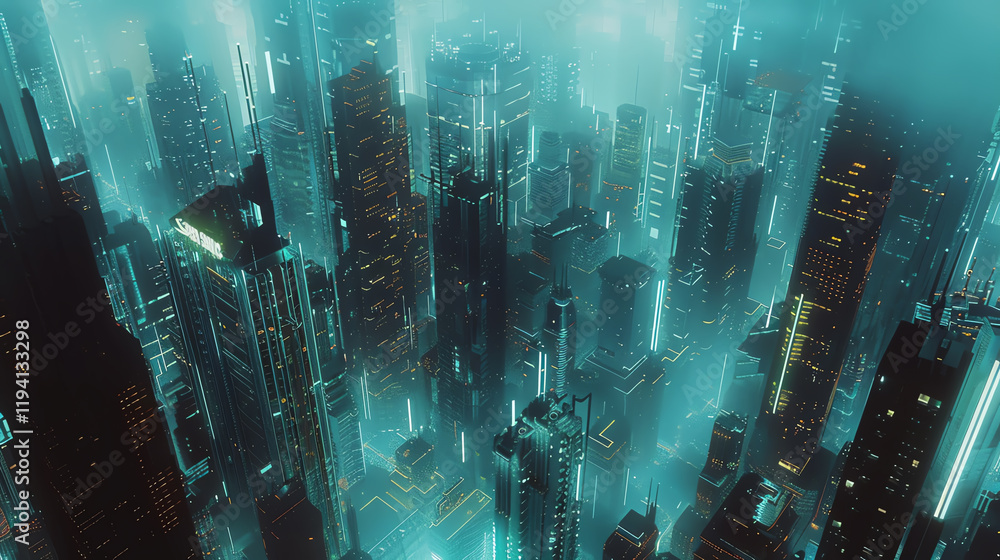 Poster capture a dystopian cityscape with futuristic skyscrapers using a pixel art style experiment with gl