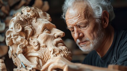 Sculptor man, making three-dimensional artwork sculpture made of wood
