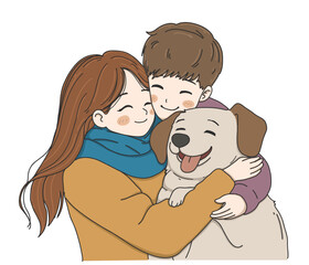 Couple holding a dog with love.A Romantic Gesture for International Hug Day vector illustration on white background	