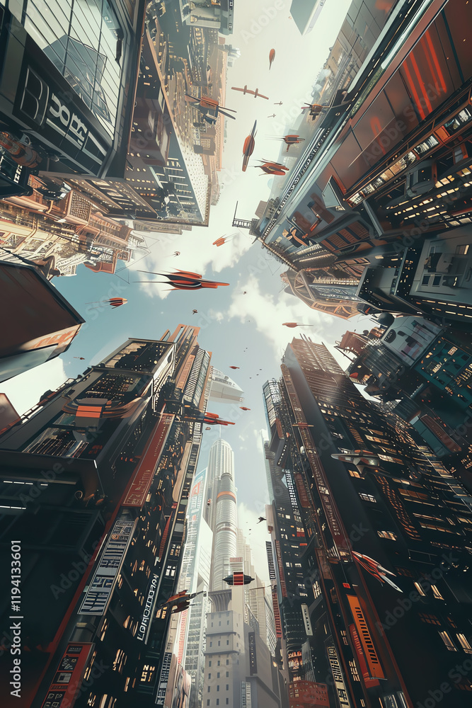 Aufkleber capture a low-angle view of a futuristic cityscape intertwined with romantic stories, blending sleek