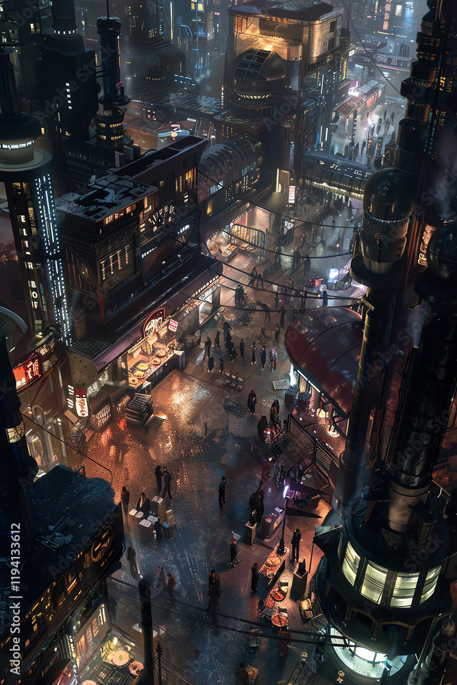 Poster capture a high-angle view of a dystopian cityscape bustling with futuristic robotic chefs and molecu