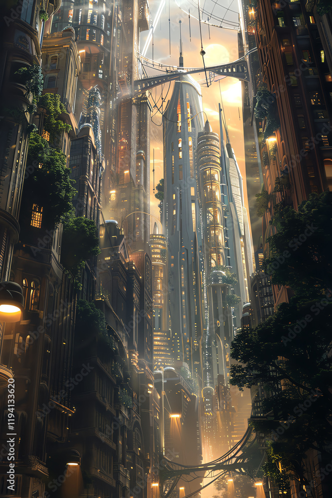 Aufkleber capture a low-angle view of a futuristic cityscape intertwined with romantic stories, blending sleek